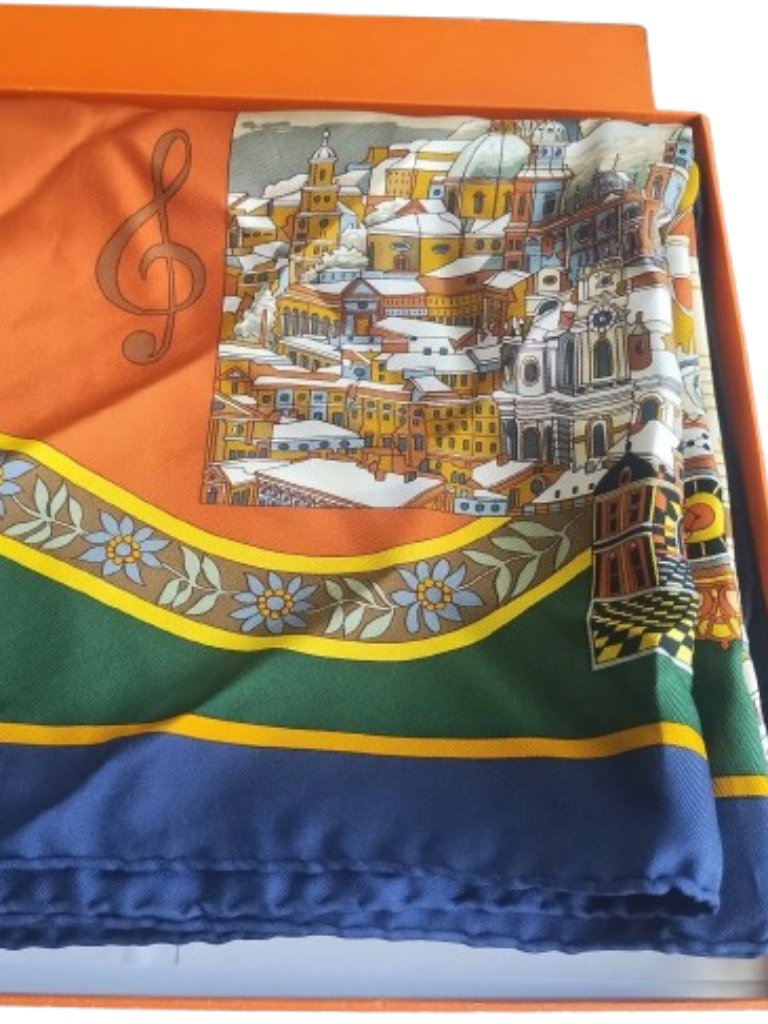 Hermes Salzburg Silk Scarf Carre 90 Navy Blue, Orange - Pristine Condition